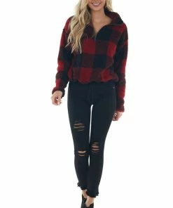 Style Melody Cranberry Buffalo Plaid Sherpa Pullover Jacket Outerwear