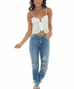 BiBi Ivory Smocked Front Tie Cropped Tank Top