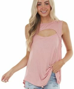 My Story Tops Baby Pink Sleeveless Stretchy Knit Top With Cut Out Detail
