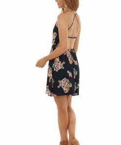 ROKOKO Black Floral Open Back Sleeveless Mini Dress