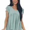Jodifl Faded Sage Flutter Sleeve Top With Fray Detail Tops