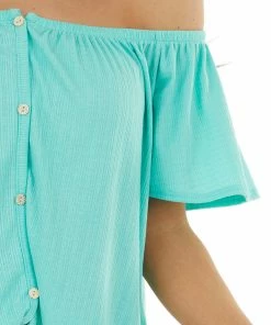 143 Story Tops Turquoise Off The Shoulder Button Down Textured Knit Top