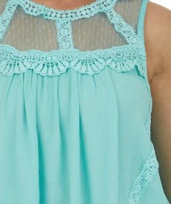 Hailey & Co Turquoise Mesh Yoke Crochet Lace Crinkle Blouse