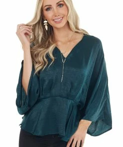 Caramela Forest Green Satin Flowy Drop Waist Blouse With V Neckline Tops