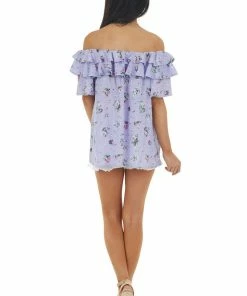 Vine & Love Iris Floral Print Off The Shoulder Swiss Dot Woven Top