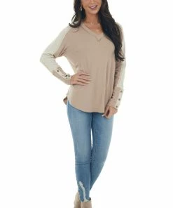 143 Story Tops Latte V Neck Long Sleeve Exposed Seam Knit Top