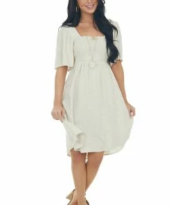 Umgee Oatmeal Smocked Flutter Sleeve Linen Dress