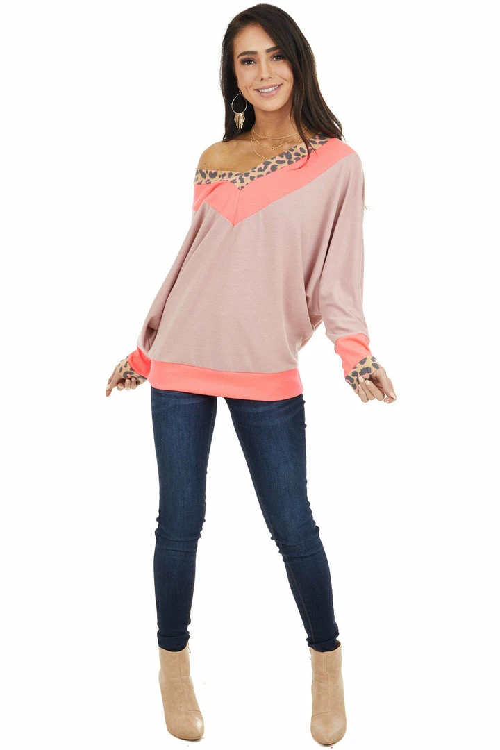White Birch Neon Pink And Mauve Leopard Print Long Dolman Sleeve Top 12 White Birch Neon Pink And Mauve Leopard Print Long Dolman Sleeve Top