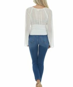 143 Story Off White Swiss Dot Ruched Cropped Blouse Tops