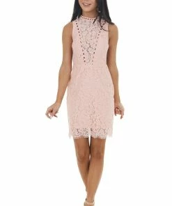 Main Strip Peach Sleeveless Lace Dress With Sheer Details