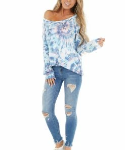 BiBi Tops Teal And Dusty Blue Tie Dye Pullover Top With Long Sleeves