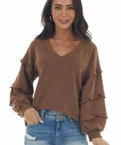 143 Story Tops Sepia Ribbed Knit Top With Ruffle Puff Sleeves