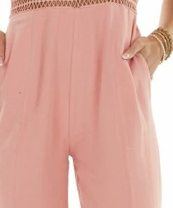 Main Strip Coral Sleeveless Jumpsuit With Lace Details On Waist