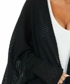 FSL APPAREL Black Waffle Knit Long Sleeve Cardigan With Cocoon Hem
