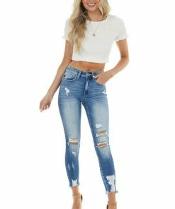 KanCan Mid Wash High Rise Shark Bite Hem Denim Jeans Bottoms