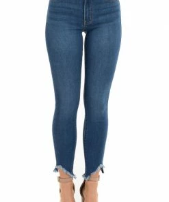 KanCan Dark Wash High Waisted Skinny Jeans With Distressed Hem Bottoms
