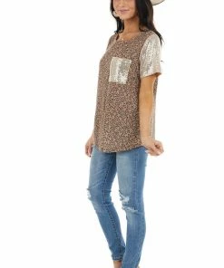 Hailey & Co Camel Leopard Print Top With Sequin Sleeves And Pocket Tops 27 Hailey & Co Camel Leopard Print Top With Sequin Sleeves And Pocket Tops