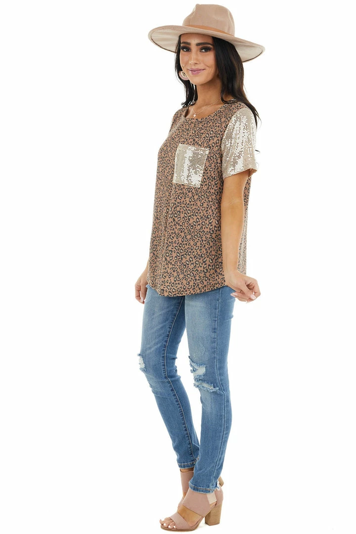 Hailey & Co Camel Leopard Print Top With Sequin Sleeves And Pocket Tops 12 Hailey & Co Camel Leopard Print Top With Sequin Sleeves And Pocket Tops
