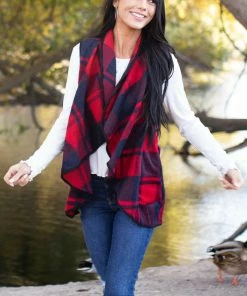 HYFVE Cherry And Navy Open Front Plaid Print Vest With Lapel Outerwear