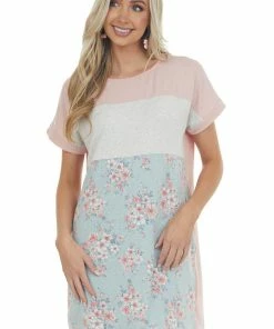Vanilla Bay Tea Rose Floral Colorblock Dress With Pockets