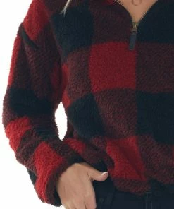 Style Melody Cranberry Buffalo Plaid Sherpa Pullover Jacket Outerwear