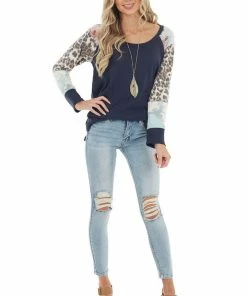 Lovely Melody Navy Waffle Knit Top With Contrast Multiprint Long Sleeves