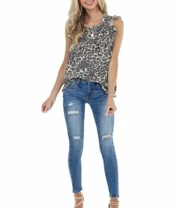Lovely J Beige Leopard Print Babydoll Top With Ruffle Details