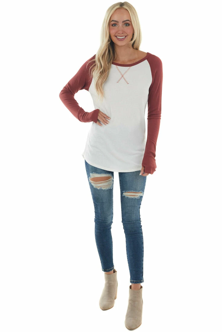 Lovely Melody Brick And Ivory Long Sleeve Top With X Stitch Detail Tops 4 Lovely Melody Brick And Ivory Long Sleeve Top With X Stitch Detail Tops