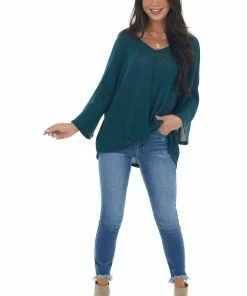 First Love Tops Teal Flowy Sleeve Waffle Knit Front Knot Top