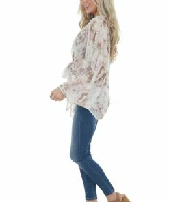 Entro Kimonos Latte Printed Front Tie Woven Kimono