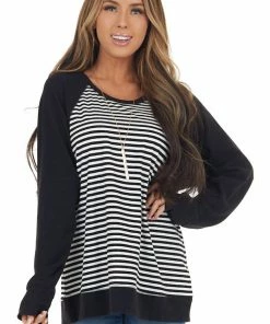 Cotton Bleu Tops Black And White Striped Soft Knit Top With Contrast Sleeves
