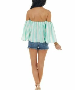 Blue Buttercup Mint Striped Off The Shoulder Flared Sleeve Blouse