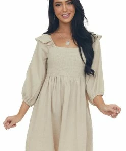 Umgee Dresses Latte 3/4 Bubble Sleeve Smocked Gauze Dress