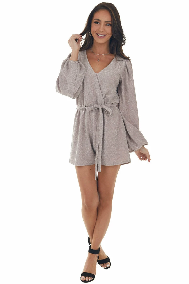 Peach Love Mauve Shimmery Surplice Bubble Sleeve Romper 16 Peach Love Mauve Shimmery Surplice Bubble Sleeve Romper