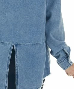 Umgee Medium Wash Button Up Frayed Hem Denim Top