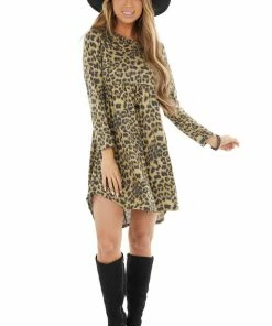 CollectiveRack Dark Beige Leopard Print Babydoll Dress With Pockets