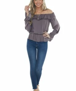 NAKED ZEBRA Dark Mocha Off Shoulder Long Sleeve Blouse Tops