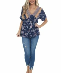 Davi & Dani Tops Rich Navy Multiprint Babydoll V Neck Woven Top 29 Davi & Dani Tops Rich Navy Multiprint Babydoll V Neck Woven Top