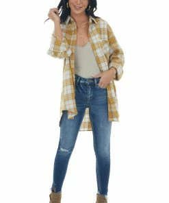 La Miel Mustard Plaid Single Chest Pocket Flannel