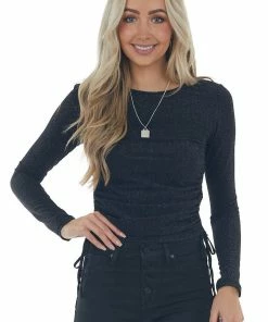 She + Sky Black Metallic Thread Ruched Side Knit Top