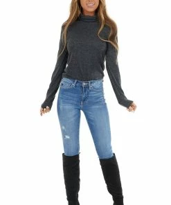 HYFVE Heathered Black Fitted Long Sleeve Top With Turtleneck Tops