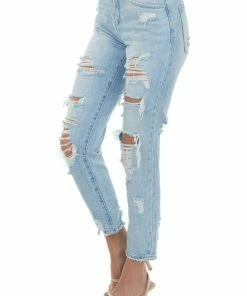 American Fit Light High Rise Distressed Boyfriend Jeans