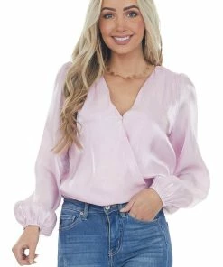 Entro Tops Dusty Blush Surplice Shimmery Bodysuit