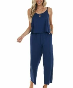 HEIMISH Deep Cobalt Sleeveless Overlaying Knit Jumpsuit With Pockets Dresses