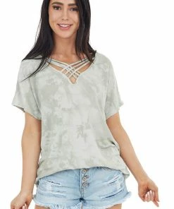 American Chic Sage Tie Dye Knit Top With Criss Cross V Neckline Tops 23 American Chic Sage Tie Dye Knit Top With Criss Cross V Neckline Tops