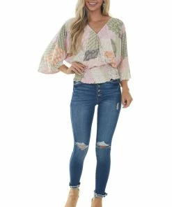 143 Story Pink Printed Long Sleeve Surplice Knit Top Tops