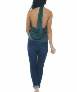 LE LIS Tops Forest Green Floral Textured Halter Neck Top