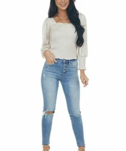 She + Sky Eggshell Long Bubble Sleeve Smocked Blouse With Tie Detail Tops