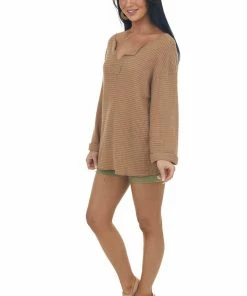 Jodifl Camel Waffle Knit Notch Neck Top With Loose Long Sleeves Tops 32 Jodifl Camel Waffle Knit Notch Neck Top With Loose Long Sleeves Tops