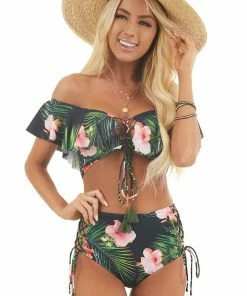 Beach Joy Bikini Black Floral Print Off The Shoulder High Waisted Bikini